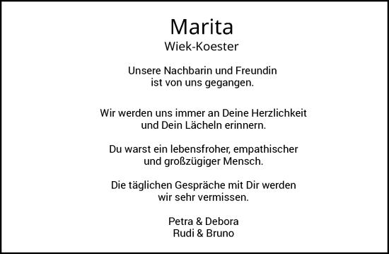 Traueranzeige von Marita Wiek-Koester von Rheinische Post