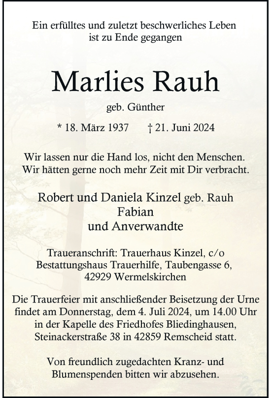 Traueranzeige von Marlies Rauh von Rheinische Post