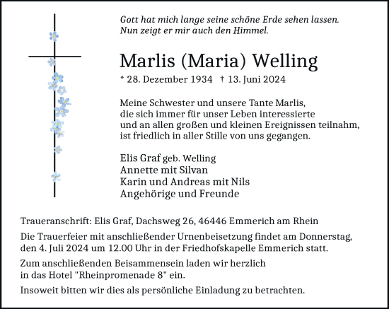 Traueranzeige von Marlis Welling von Rheinische Post