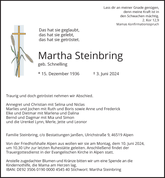 Traueranzeige von Martha Steinbring von Rheinische Post