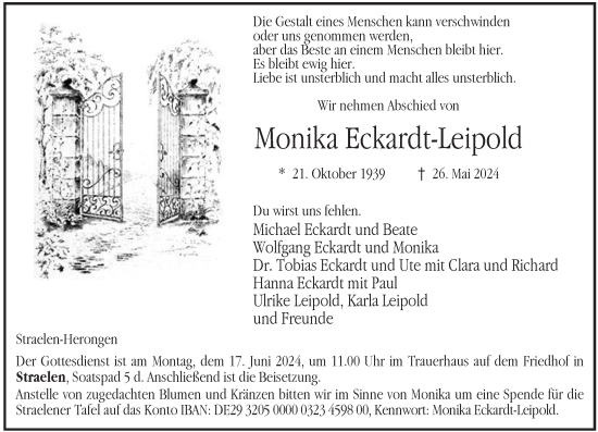 Traueranzeige von Monika Eckardt-Leipold von Rheinische Post