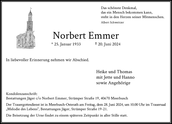 Traueranzeige von Norbert Emmer von Rheinische Post