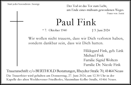 Traueranzeige von Paul Fink von Rheinische Post