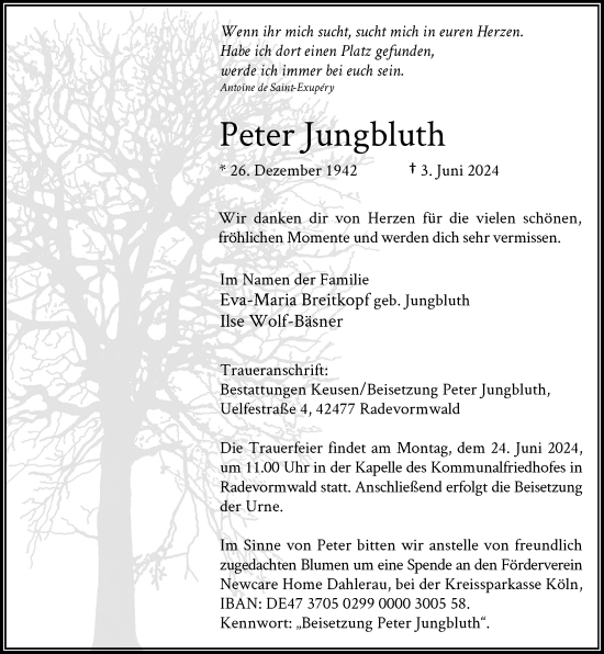 Traueranzeige von Peter Jungbluth von Rheinische Post