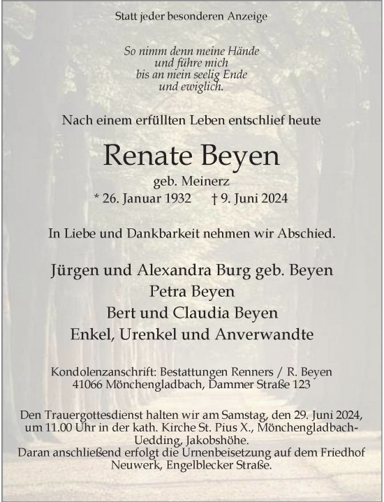 Traueranzeige von Renate Beyen von Rheinische Post