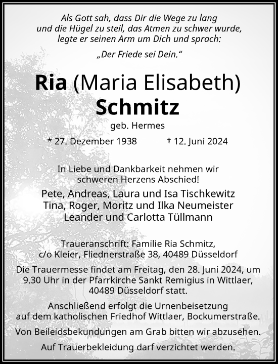 Traueranzeige von Ria Schmitz von Rheinische Post