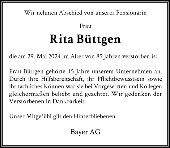 Traueranzeige von Rita Büttgen von Rheinische Post