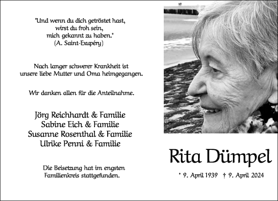 Traueranzeige von Rita Dümpel von Rheinische Post