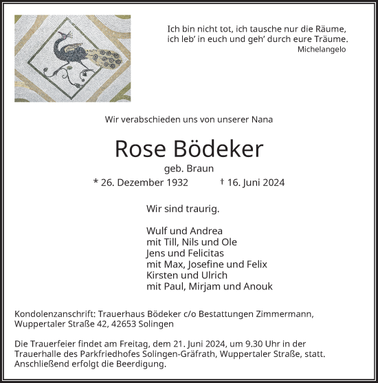 Traueranzeige von Rose Bödeker von Rheinische Post