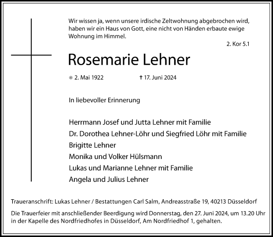 Traueranzeige von Rosemarie Lehner von Rheinische Post