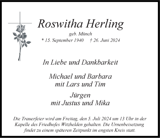 Traueranzeige von Roswitha Herling von Rheinische Post