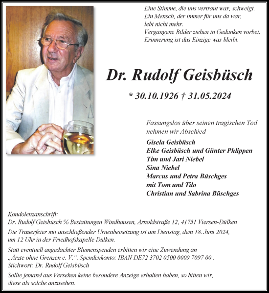 Traueranzeige von Rudolf Geisbüsch von Rheinische Post