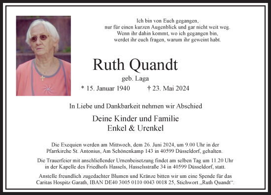 Traueranzeige von Ruth Quandt von Rheinische Post