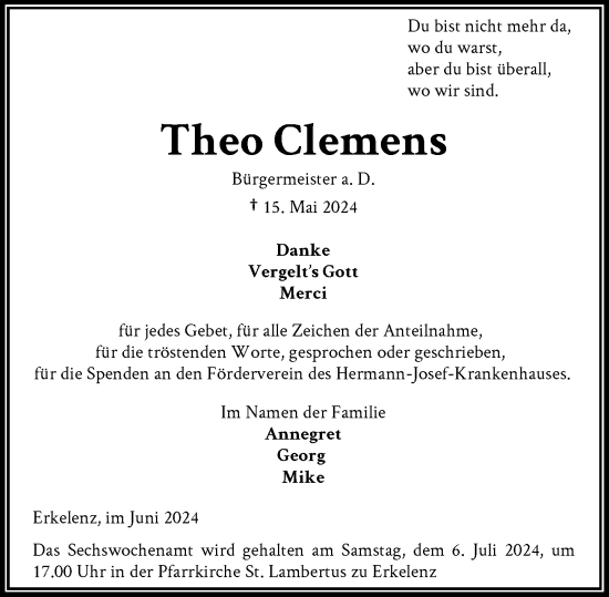 Traueranzeige von Theo Clemens von Rheinische Post