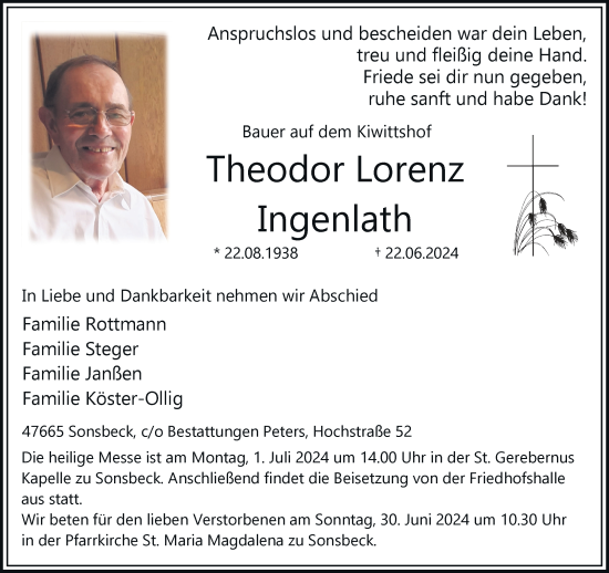 Traueranzeige von Theodor Lorenz Ingenlath von Rheinische Post