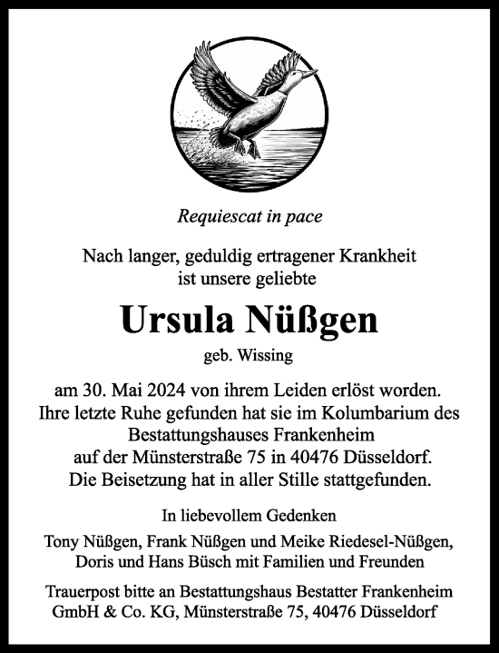 Traueranzeige von Ursula Nüßgen von Rheinische Post