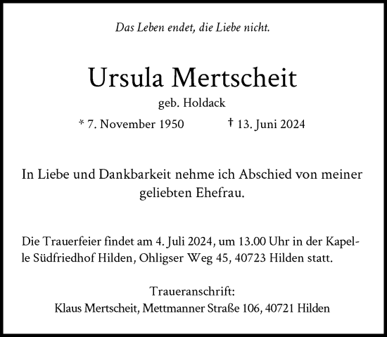 Traueranzeige von Ursula Mertscheit von Rheinische Post