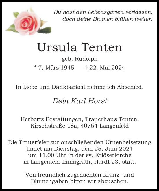 Traueranzeige von Ursula Tenten von Rheinische Post