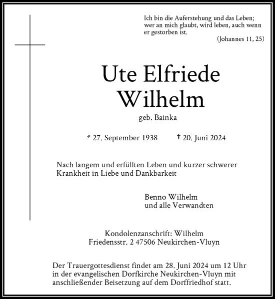 Traueranzeige von Ute Elfriede Wilhelm von Rheinische Post