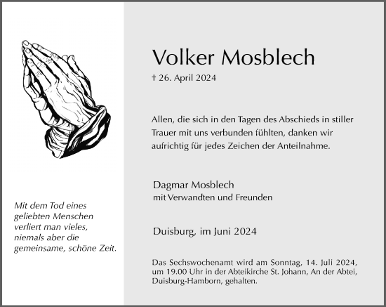 Traueranzeige von Volker Mosblech von Rheinische Post