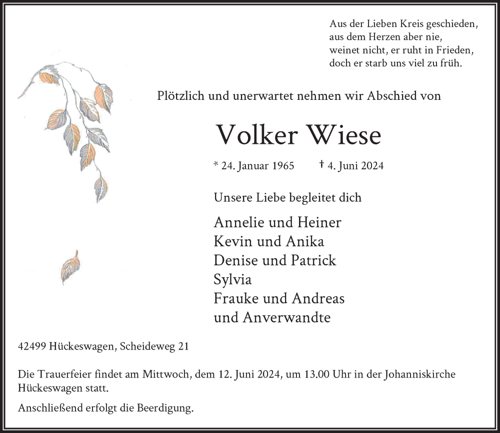  Traueranzeige für Volker Wiese vom 08.06.2024 aus Rheinische Post