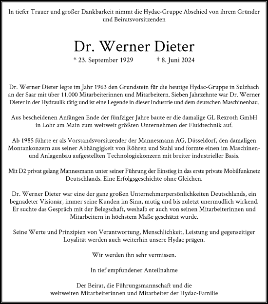 Traueranzeige von Werner Dieter von Rheinische Post