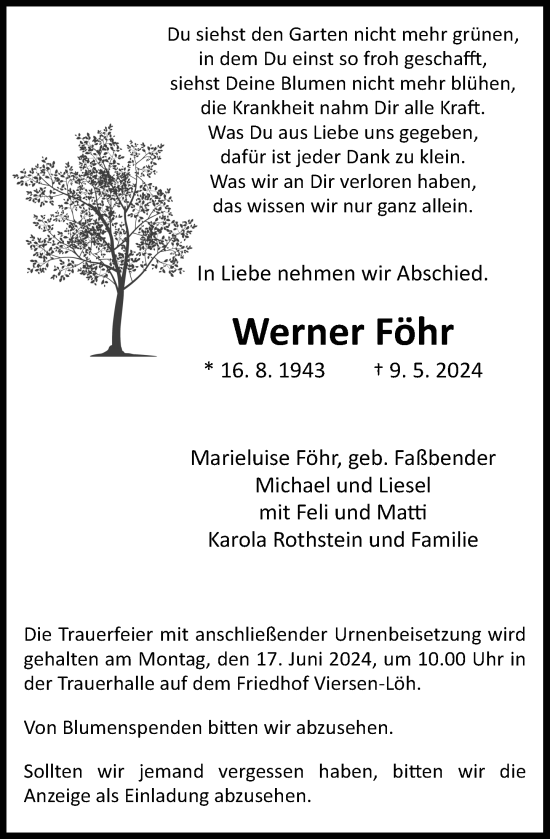 Traueranzeige von Werner Föhr von Rheinische Post