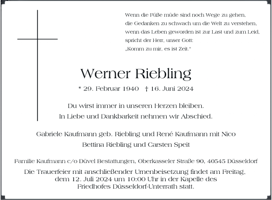 Traueranzeige von Werner Riebling von Rheinische Post