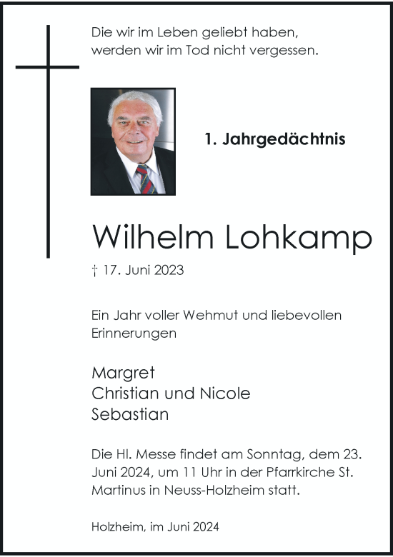 Traueranzeige von Wilhelm Lohkamp von Rheinische Post