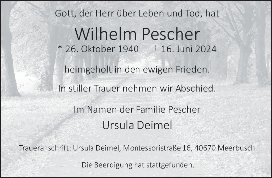 Traueranzeige von Wilhelm Pescher von Rheinische Post