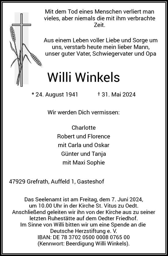 Traueranzeige von Willi Winkels von Rheinische Post