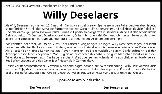 Traueranzeige von Willy Deselaers von Rheinische Post