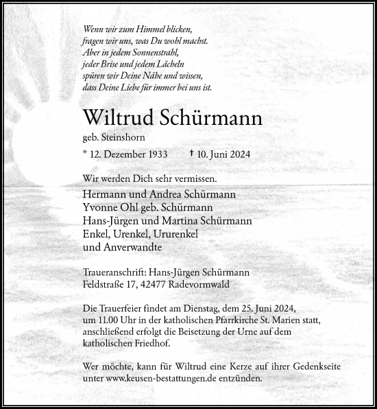 Traueranzeige von Wiltrud Schürmann von Rheinische Post