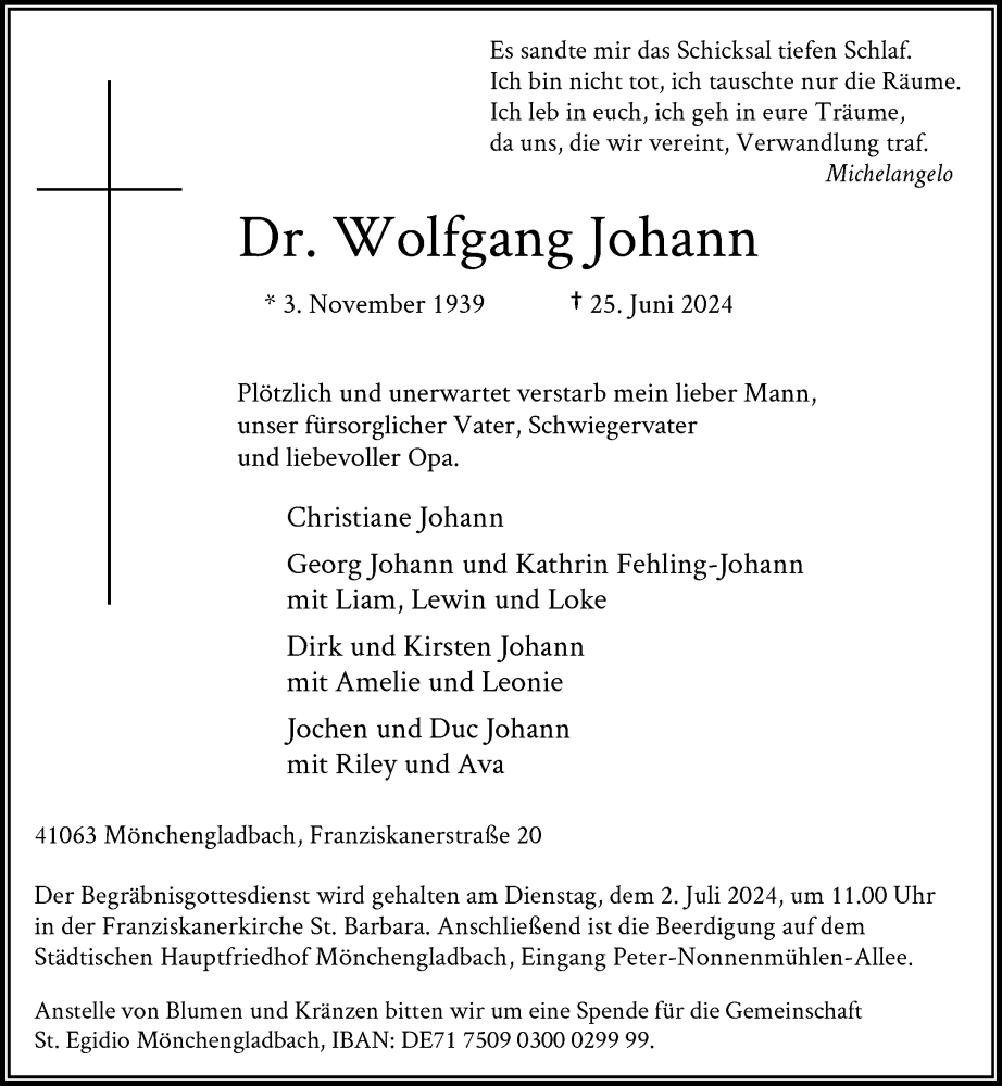  Traueranzeige für Wolfgang Johann vom 29.06.2024 aus Rheinische Post