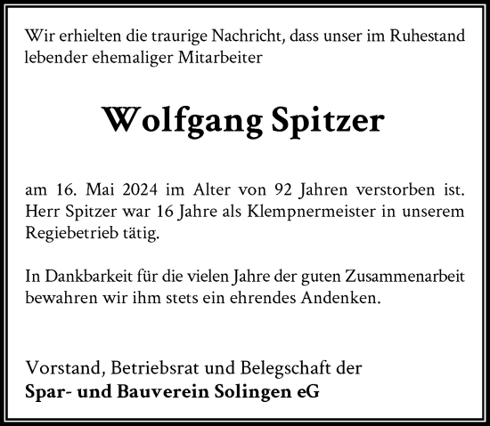 Traueranzeige von Wolfgang Spitzer von Rheinische Post