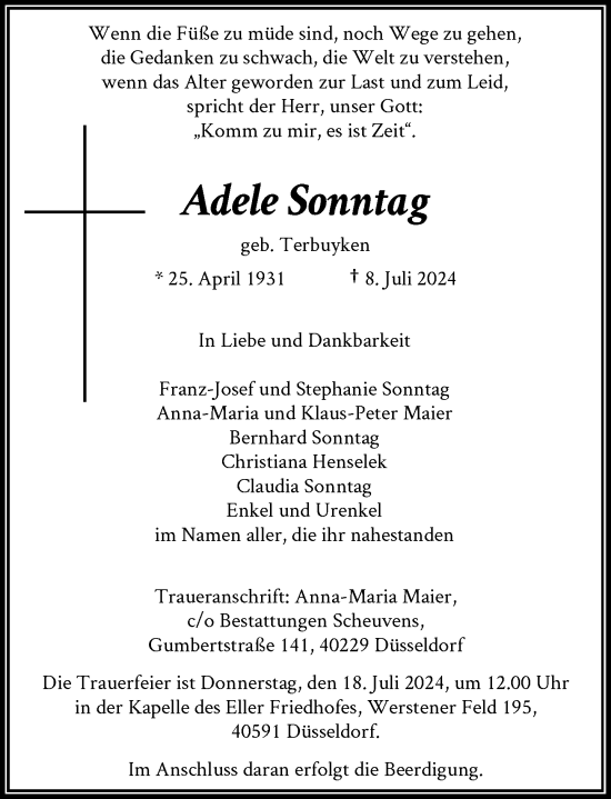 Traueranzeige von Adele Sonntag von Rheinische Post