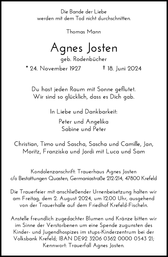 Traueranzeige von Agnes Josten von Rheinische Post