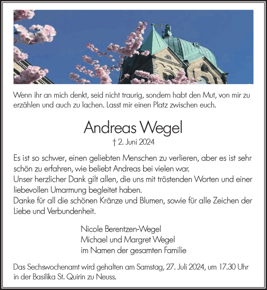 Traueranzeige von Andreas Wegel von Rheinische Post