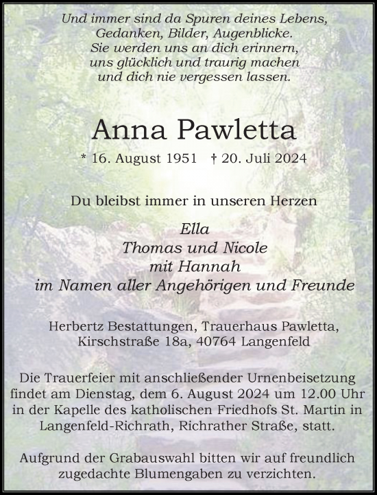 Traueranzeige von Anna Pawletta von Rheinische Post