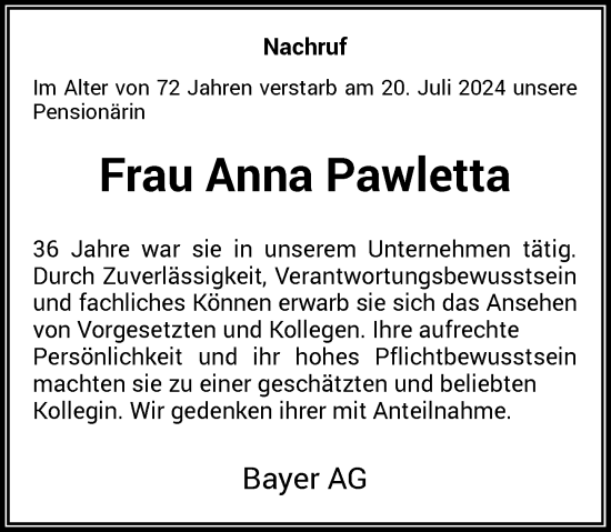 Traueranzeige von Anna Pawletta von Rheinische Post