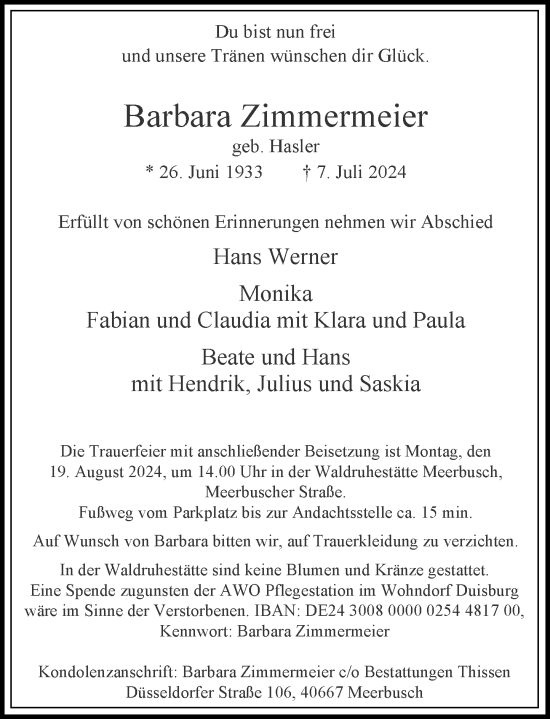Traueranzeige von Barbara Zimmermeier von Rheinische Post