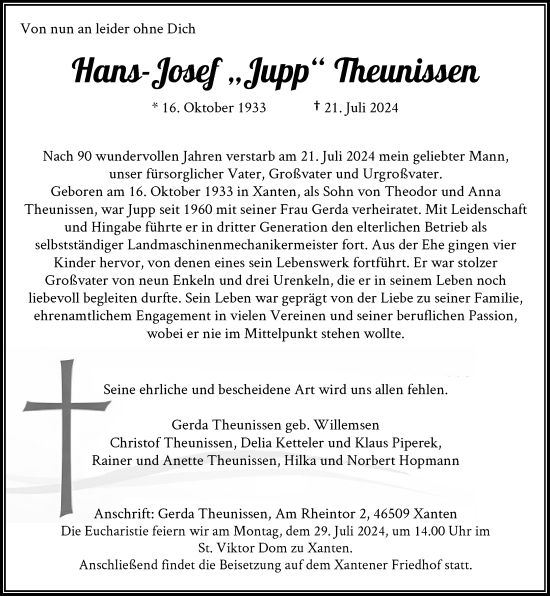 Traueranzeige von Hans-Josef Theunissen von Rheinische Post