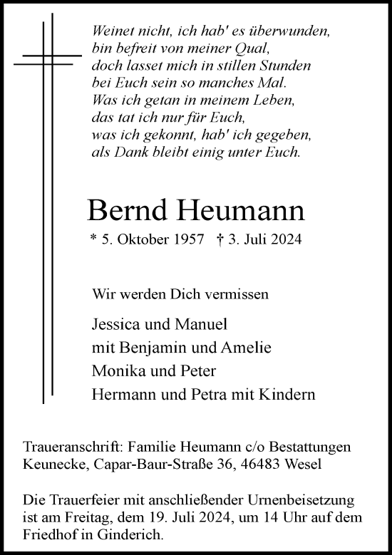 Traueranzeige von Bernd Heumann von Rheinische Post