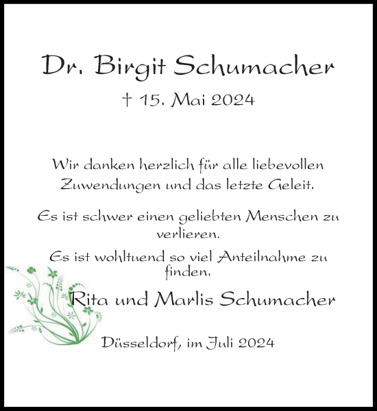 Traueranzeige von Birgit Schumacher von Rheinische Post