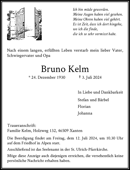 Traueranzeige von Bruno Kelm von Rheinische Post