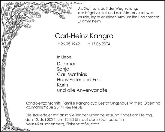Traueranzeige von Carl-Heinz Kangro von Rheinische Post