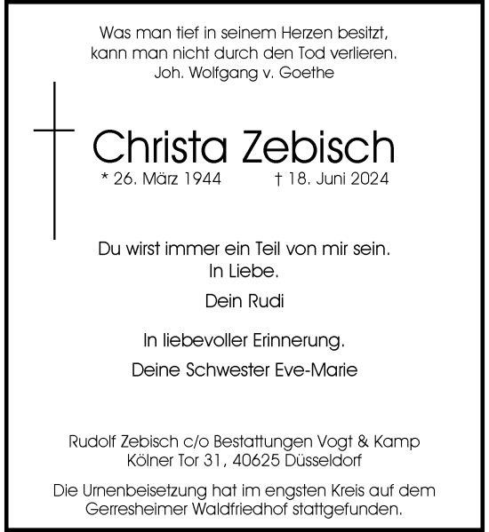 Traueranzeige von Christa Zebisch von Rheinische Post