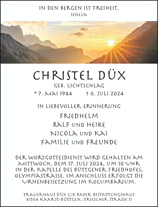Traueranzeige von Christel Düx von Rheinische Post