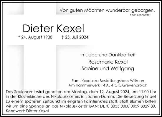 Traueranzeige von Dieter Kexel von Rheinische Post