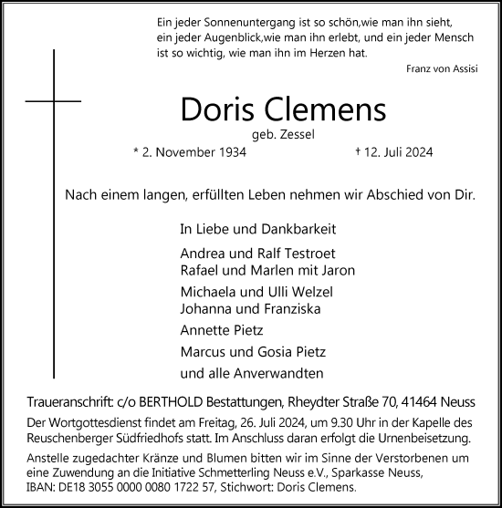 Traueranzeige von Doris Clemens von Rheinische Post